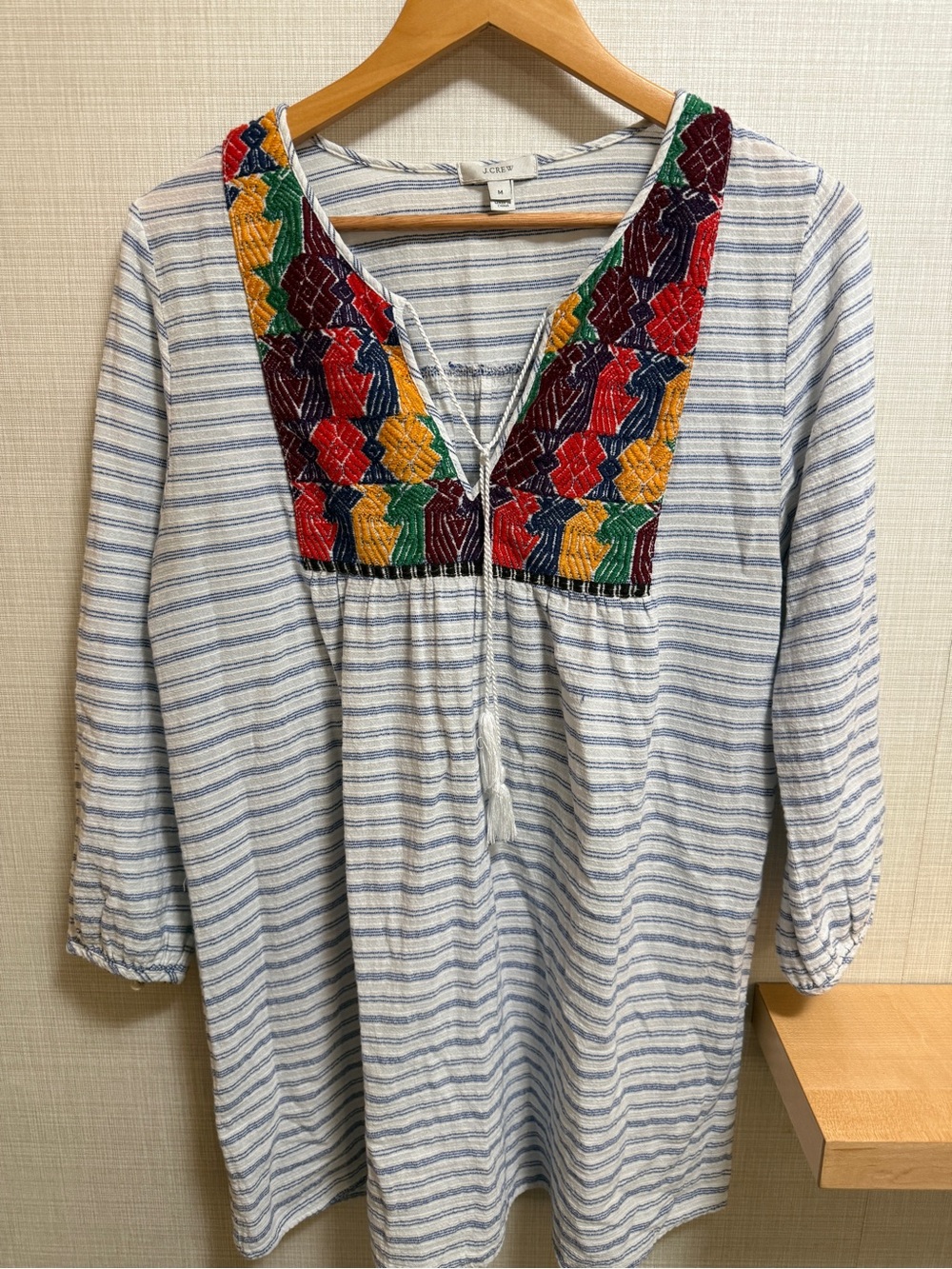 J.Crew Embroidered Peasant Tunic Top Medium Boho Striped Tassel
